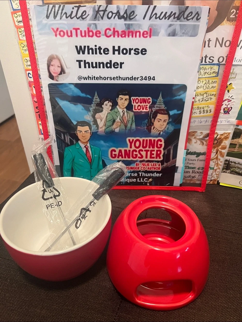 #2927**Red Stoneware Fondue Set